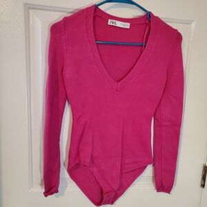 Zara Pink Long Sleeve Sweater Bodysuit Small